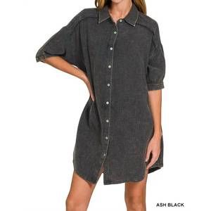 NEW TRENDSI zenana washed double gauze button down shirt dress in ash black